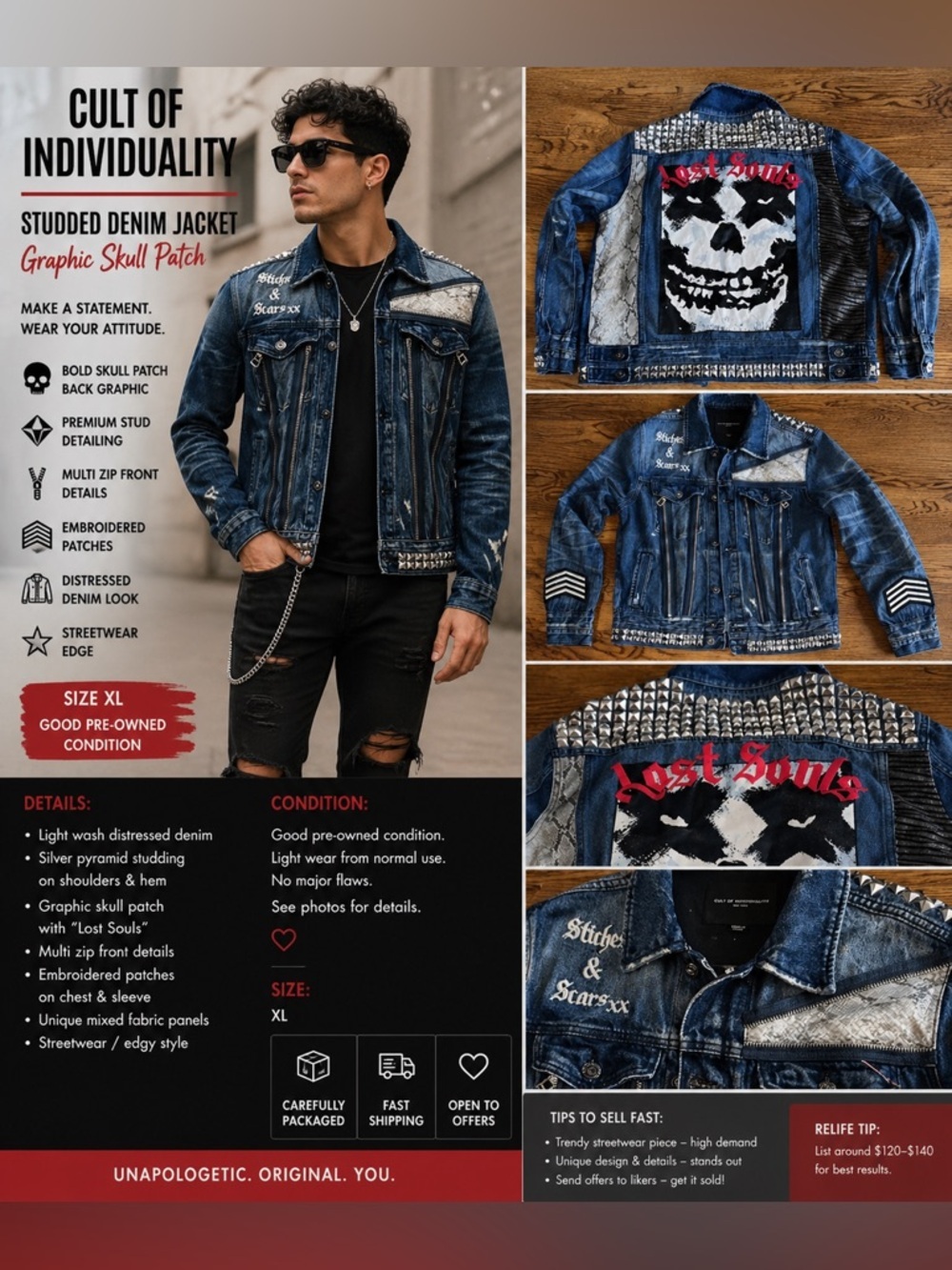 Studded Denim Jacket w/Graphic Skull Patch Streetwear🔥 Men’s Medium